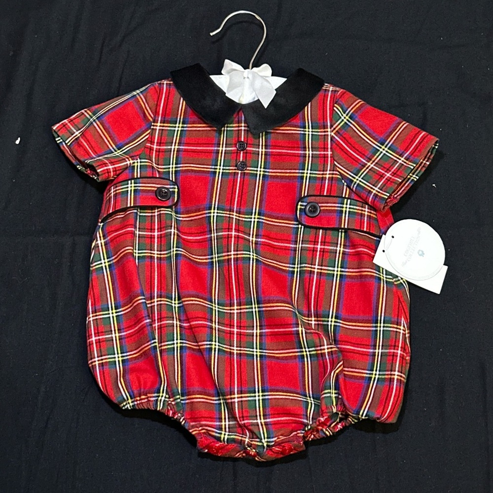 Edgehill Collection Red Plaid Baby Romper with Black Collar